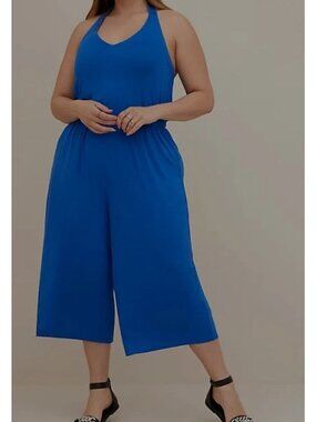 NWOT TORRID Size 1 Cropped Wide Leg Blue Super Soft Halter Jumpsuit 16/18 Casual